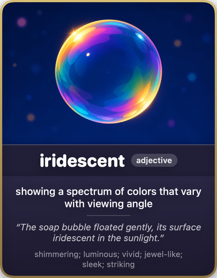 An illustrated Lexi word card introduces iridescent with a shimmering soap bubble, a definition, and an example sentence.