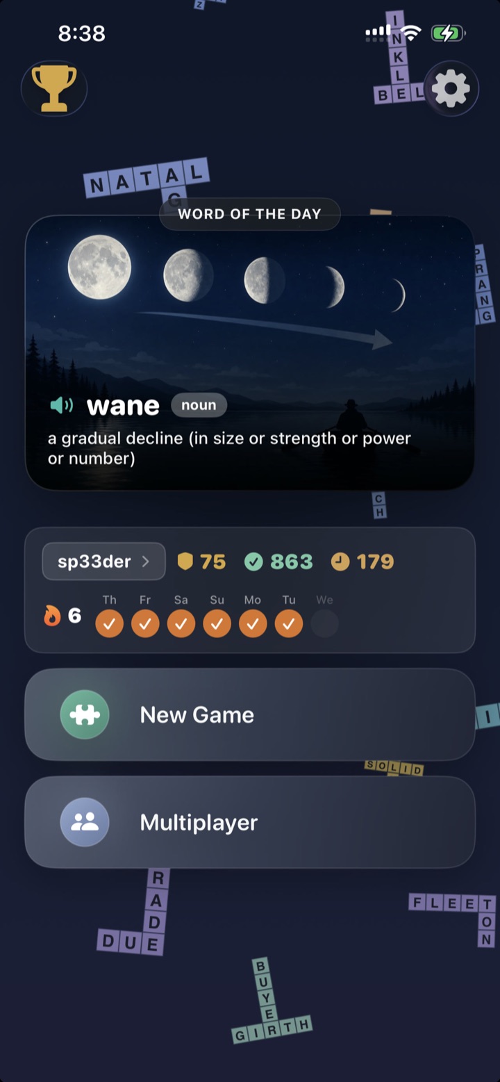 Lexi home screen with the word of the day 'wane' illustrated by moon phases, a 6-day streak, and New Game and Multiplayer buttons