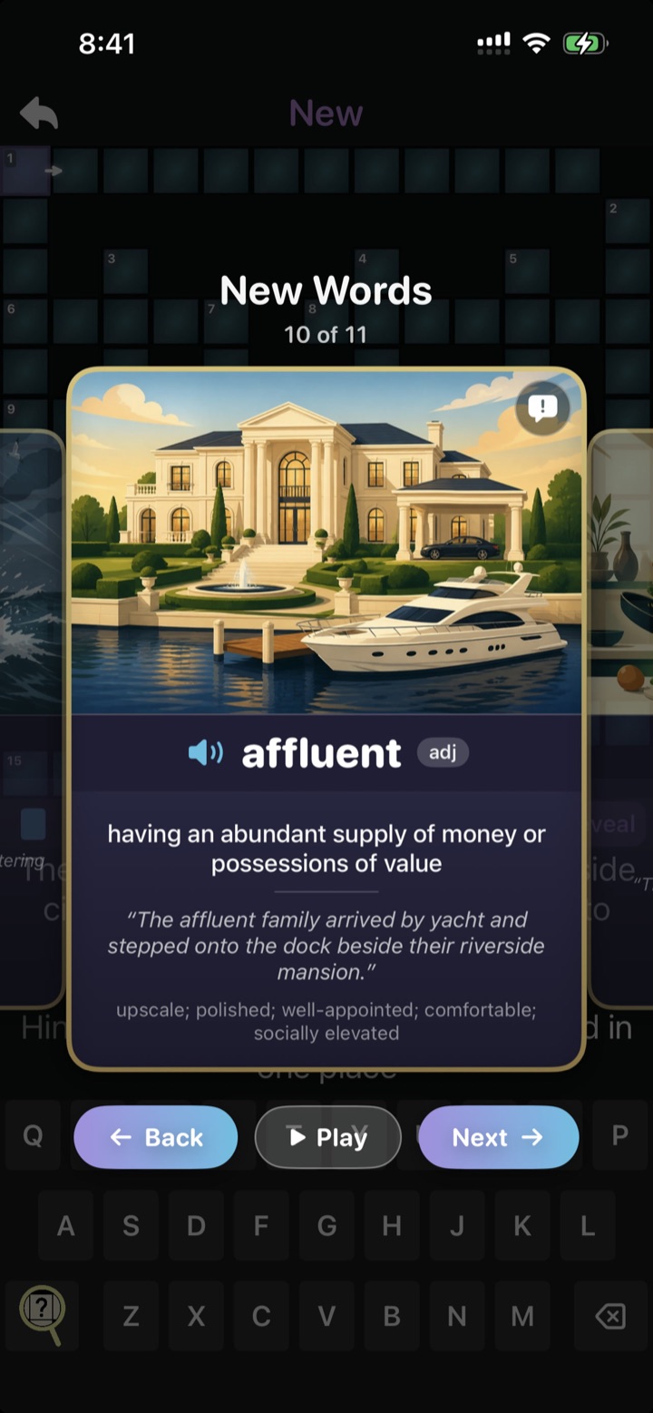 Lexi word card for 'affluent': an illustrated mansion with a yacht, the definition, an example sentence, and connotation tags, shown before a crossword begins