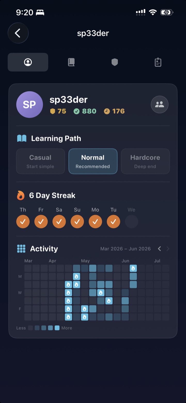 Lexi profile screen with learning path options, streak calendar, and an activity heat map of puzzles played