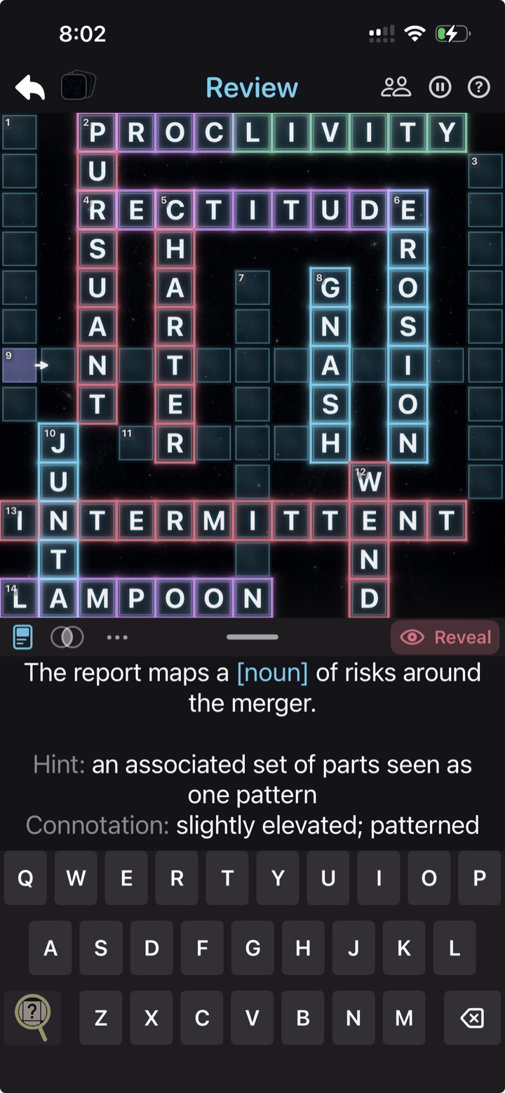 A real Lexi crossword: recall words from a sentence and meaning, then type them into the board.